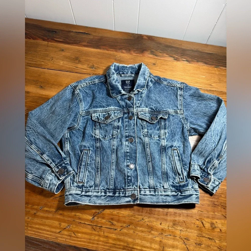 Gap Girls Teen Medium Wash Oversized Denim Jacket relaxed fit 100% cotton L (10)